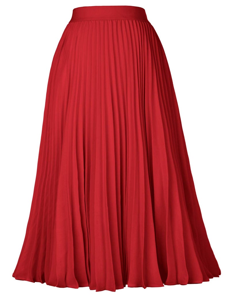 Kate Kasin Pleated Flared Elastic Skater Skirt Solid Tea Length Red Size M KK659-4 - Image 1